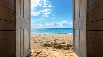 An open door provides access from a desert to the beach, illustrating a travel concept.