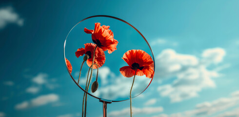 A close up of three red flowers in a glass bowl. The flowers are surrounded by a blue sky with...