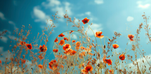 A field of red flowers with a blue sky in the background. The flowers are scattered throughout the...