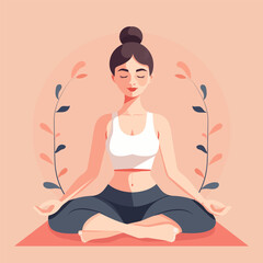 Vector flat illustration of a young girl with a beautiful toned body doing yoga in the lotus position.
