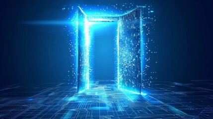 Open door at digital path, futuristic science fiction concept of doorway. Technology portal in a polygonal wireframe glowing style. Vector illustration on a blue background