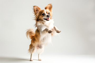 Portrait of cute small dog, Shih Tzu standing on hind legs, dancing isolated over white background. Concept of domestic animal, pet friend, care, motion, vet. Copy space for ad, flyer