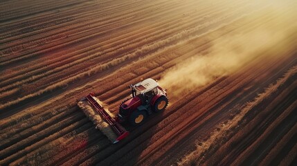 Aerial Shot: Harvester Working on Field. Digitalization of the Crops Growing Efficiency with AI Data Analysis. Futuristic Agriculture Concept of Computerized, Eco, Sustainable Harvesting Solution