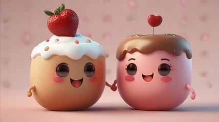 Fototapeta premium Cute happy couple of pudding in love. 3d rendering