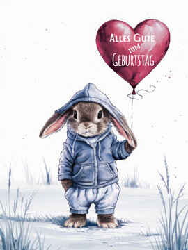 Adorable Bunny in Hoodie Holding Birthday Balloon with German Greeting Happy Birthday, Alles Gute zum Geburtstag Message.