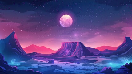 Fototapeta premium Futuristic landscape of an alien planet surface with a glowing moon or satellite hovering above a rocky terrain