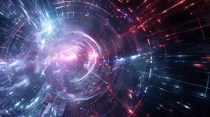 An abstract background with a futuristic science fiction theme, featuring dynamic geometric shapes and a deep color palette.

