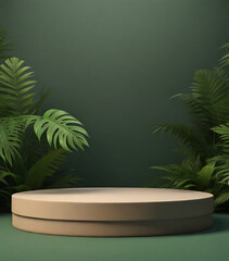 3D wooden podium display with leaf shadow. Copy space green background. Cosmetics or beauty product promotion mockup