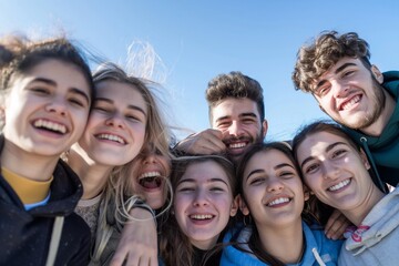 A group of friends smiling and posing for the camera, capturing their joyful expressions. The background is clear with a blue sky. an atmosphere of happiness among young people. generative AI