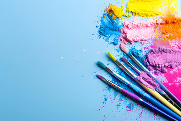 Blue background with brushes and colorful paints to the right. Generated with AI.