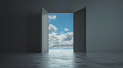 Doors swing open, unveiling a beautiful sky in a dark grey room.