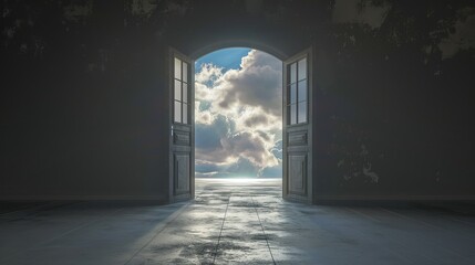 Doors swing open, unveiling a beautiful sky in a dark grey room.