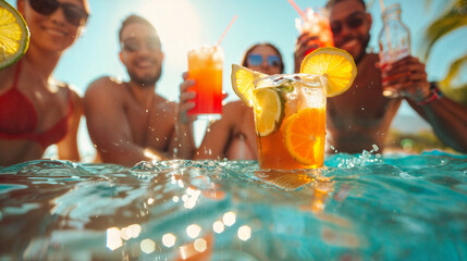 A group of young people are sitting in the pool with a cocktail in their hands. The pleasure of relaxation and vacation.