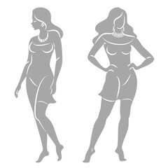 Collection. Silhouette of a woman in style. The girl is slim and beautiful. Lady suitable for decor, posters, stickers, logo. Vector illustration set