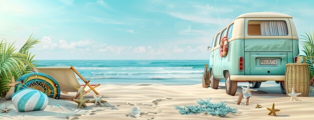 A van standing on a tropical beach in summer. Vacation, ocean, sand beach, travel and surf concept. - Powered by Adobe