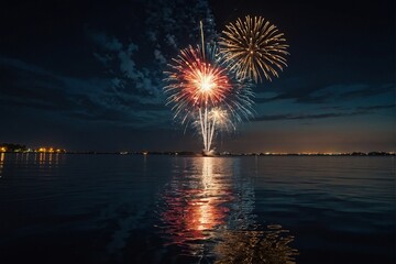 Holiday fireworks above water with reflection on the black sky background, 4th of July, Independence day,