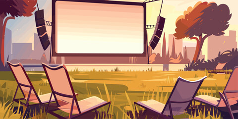Summer Sunset Cinema: Cartoon Vector Illustration of Open Air Movie Theater