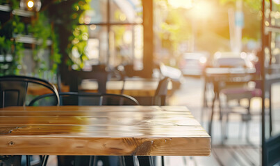 A wooden table in an outdoor cafe with a blurred background of chairs and tables creates space for product display or text in the foreground. The sunlight creates a warm atmosphere.