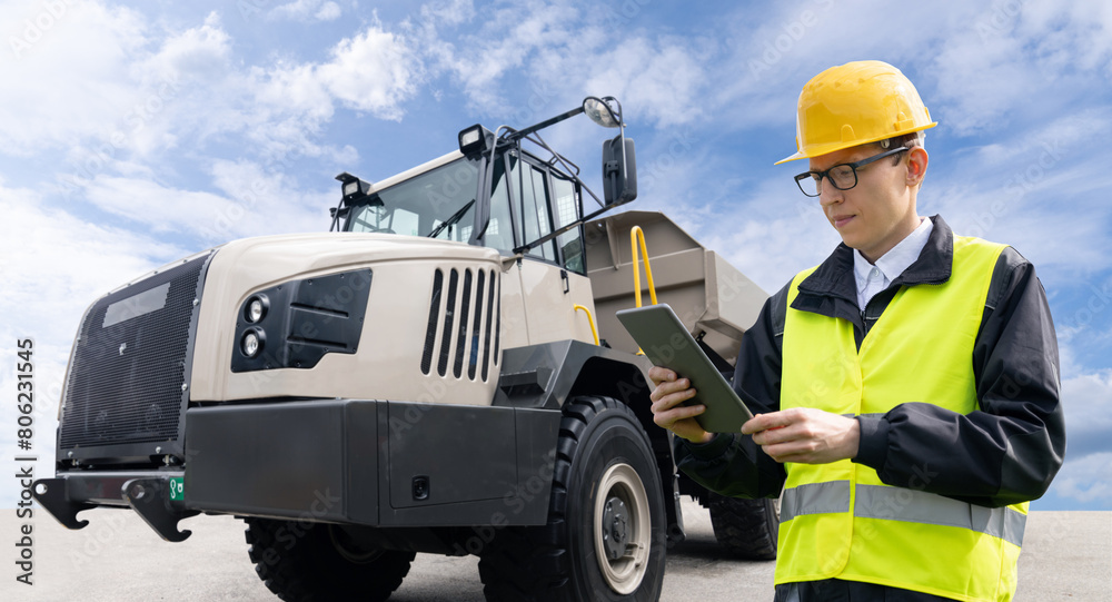 Poster Man worker with tablet computer stands next to mining truck