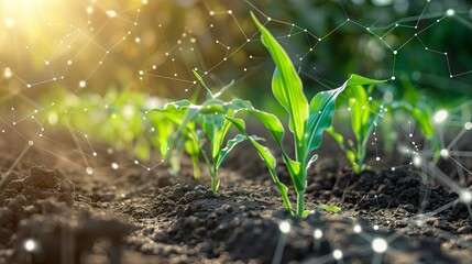 Illustrating smart farming and precision agriculture, depicting the growth of corn seedlings alongside infographics, emphasizing modern agricultural practices.