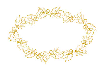 Oval floral frame from olives vector illustration isolated on white background. Hand drawn leaves. Healthy food design element.