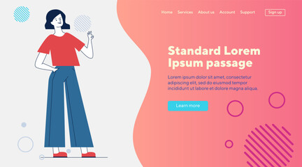 Cartoon woman showing OK gesture. Female student holding chalk and drawing or writing flat vector illustration. Positive feedback, advertising concept for banner, website design or landing web page