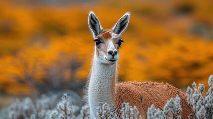 close up of cute Guanaco animal in Torres del Paine National Park, Patagonia