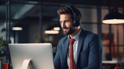 Fototapeta premium A man with headphones in a call center 