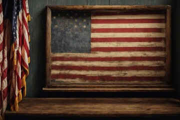 Vintage American Flag Bordering Blank Chalkboard Memorial or Veterans Day, 4th of July, Independence day,