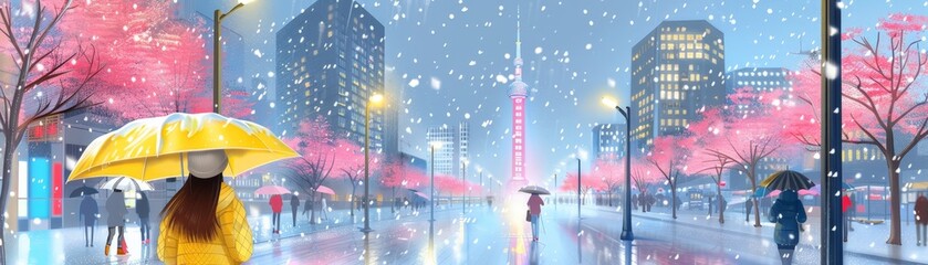 A colorful digital illustration of a bustling city scene during a snowfall with cherry blossoms, highlighted by a yellow umbrella.
