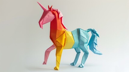 Origami colorful unicorn. Animal made of paper on a white background. Paper folding art.