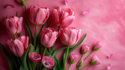 The symbol of Happy Mother Day with pink tulip flower on pink background. Generative AI Illustrations.
