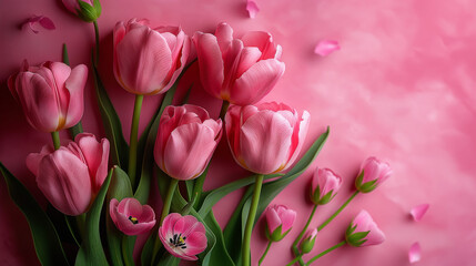 Fototapeta premium The symbol of Happy Mother Day with pink tulip flower on pink background. Generative AI Illustrations.