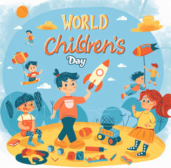 Fototapeta premium Illustration Featuring Happy Children Enjoying Fun and Togetherness, Promoting Education and Friendship in a Colourful and Joyful Event. Global Celebration of Children's Day.