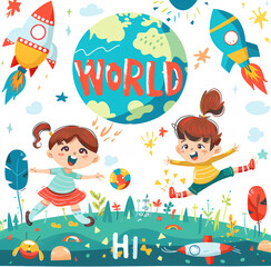 Naklejka premium Illustration Featuring Happy Children Enjoying Fun and Togetherness, Promoting Education and Friendship in a Colourful and Joyful Event. Global Celebration of Children's Day.