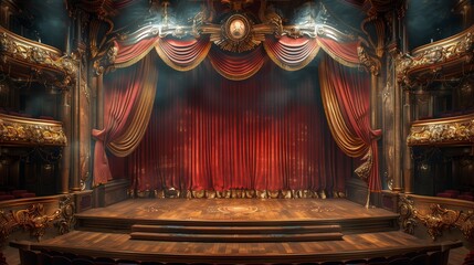 Theater scene with curtain and spotlights.AI generative