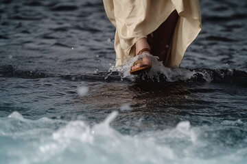 Jesus Christ walking on water at sea.