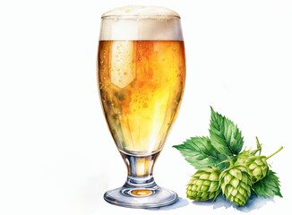 Drawing of a full beer glass and hop cones on a white background