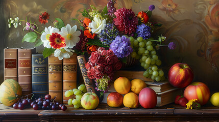 Literary Bouquet: An Artful Composition of Books and Blossoms © MC-CHUAN