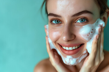 Young woman applying face wash and cleaning face