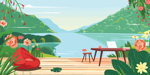 Remote Work Retreat: Cartoon Vector Illustration of Terrace Workspace in Mountain Valley
