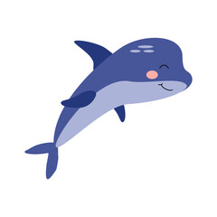 Obraz premium Cute funny dolphin character, sea animal. Vector cartoon illustration for children's books, stickers, products, room decoration.