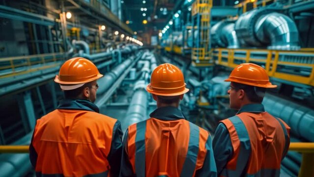 A worker inspects an industrial pipeline with a petroleum engineer in a large factory on an oil rig with a large factory in the background and part of an upstream oil and gas production facility.	
