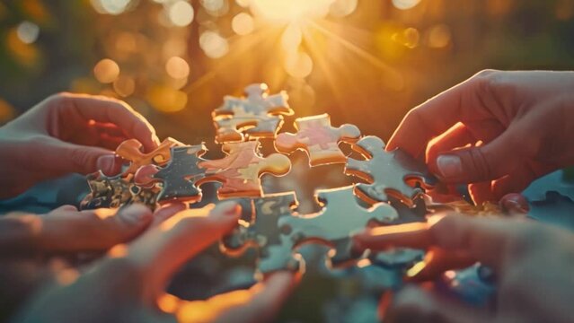 A jigsaw puzzle comes together under a bright and sunny sky Teamwork and innovation are needed to achieve success