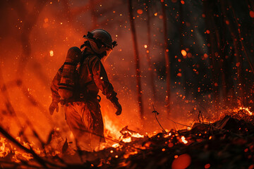 Firefighter Battling Intense Wildfire