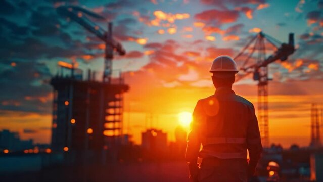 Back view of male engineer standing at construction site to inspect planning work and monitor project construction progress at construction site on sunset evening