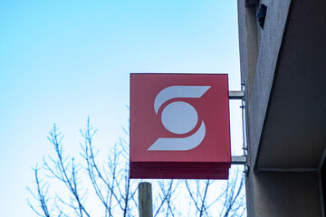 Naklejka premium Scotiabank logo sign. The Bank of Nova Scotia (Scotiabank) is a Canadian multinational banking and financial services company headquartered in Toronto. Toronto, Canada - April 29, 2024.