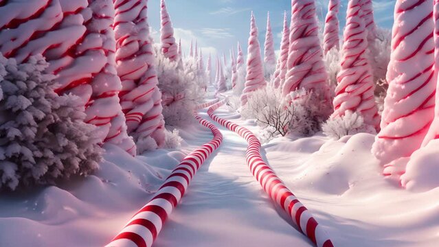 3D candy cane forest with sugar dusted paths and peppermint trees