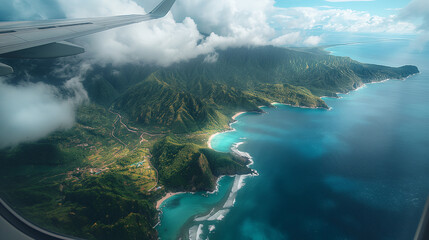 Top view from illuminator of the private jet on tropical islands.