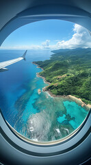 Fototapeta premium Top view from aircraft window on azure coast of islands.